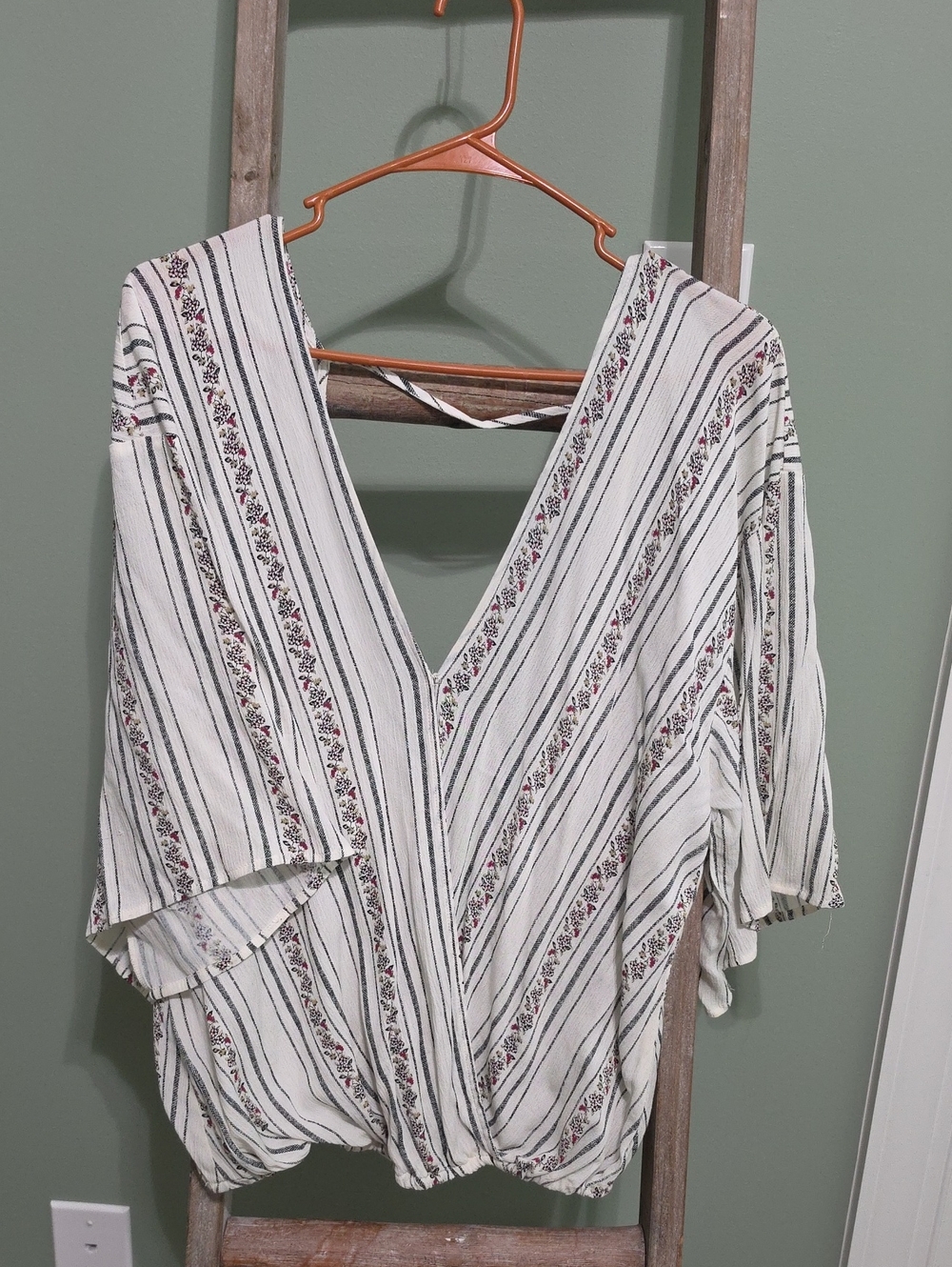 Daytrip Cream Striped V-Neck Tunic with Black and Red Accent